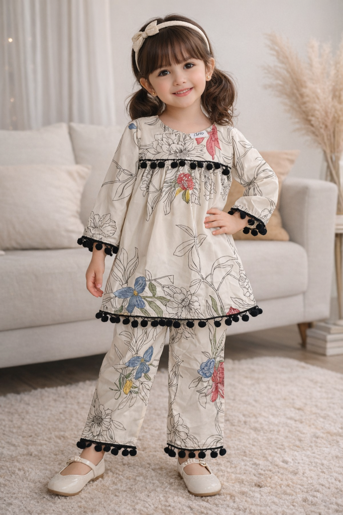 Little girl wearing a floral printed rayon cord set with pom-pom lace detailing, featuring a long kurti and matching pants, styled for kids fashion.