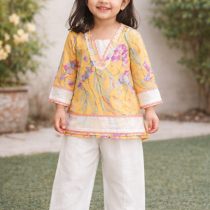 Young girl wearing a yellow floral printed kurti with white palazzo pants, kids summer cord set