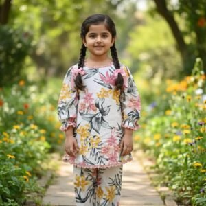 Little girl wearing floral printed co-ord set with kurti and pants in a garden setting