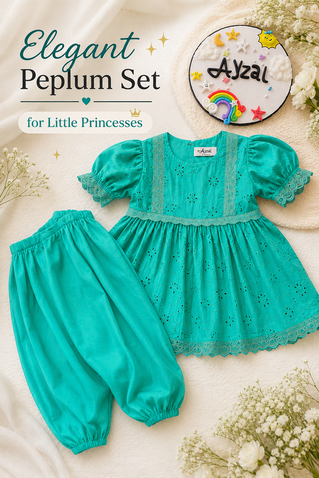 Turquoise Hakoba Lace Top & Afghani Salwar Set - Image 2