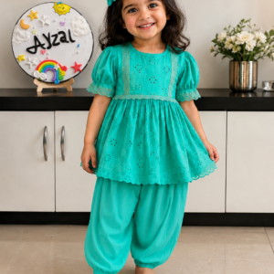 Girls turquoise Hakoba embroidered top with lace detailing paired with cotton Afghani salwar.