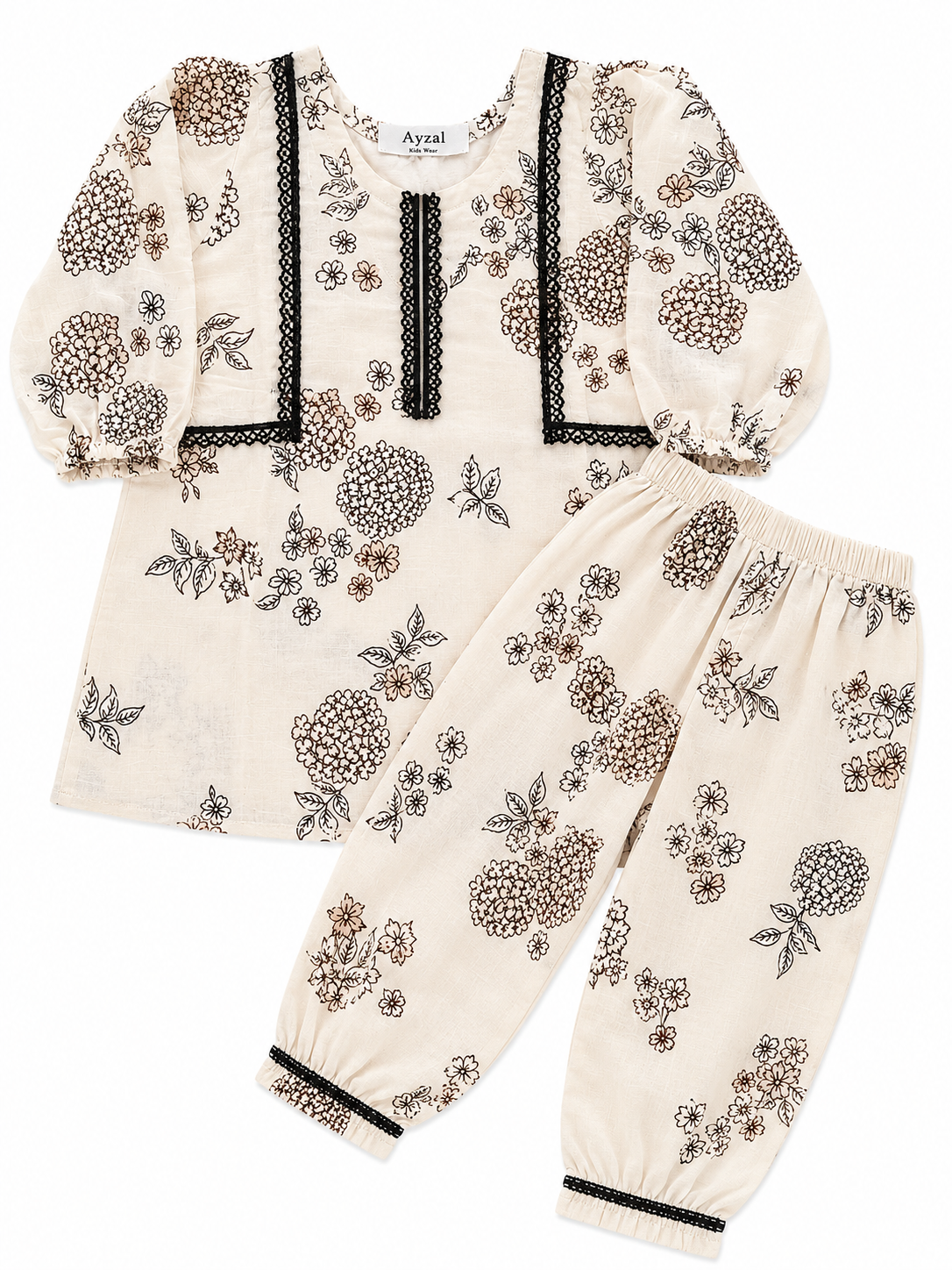 Ayzal Kids Wear Floral Cotton Linen Kurti & Afghani Salwar Set - Image 2