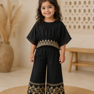 Black georgette ruffled top and embroidered palazzo set for girls by Ayzal Kids Wear