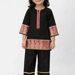 Girls black muslin kurti pant set with pure Banarasi border detailing on sleeves and hemline by Ayzal Kids Wear.