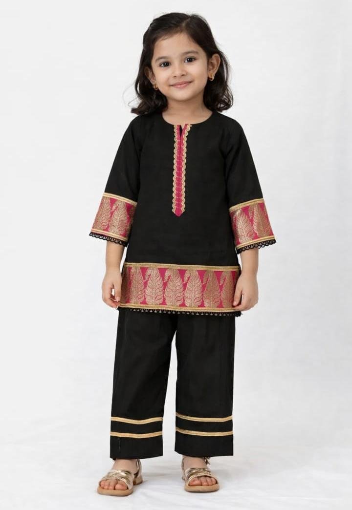Girls black muslin kurti pant set with pure Banarasi border detailing on sleeves and hemline by Ayzal Kids Wear.