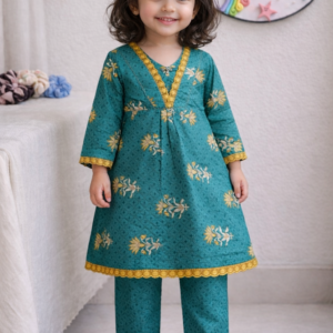 Little girl wearing teal floral cotton kurti and pant set with golden lace detailing by Ayzal Kids Wear.