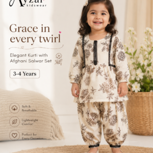 Girls floral cotton linen kurti with black lace detailing and matching afghani salwar set by Ayzal Kids Wea