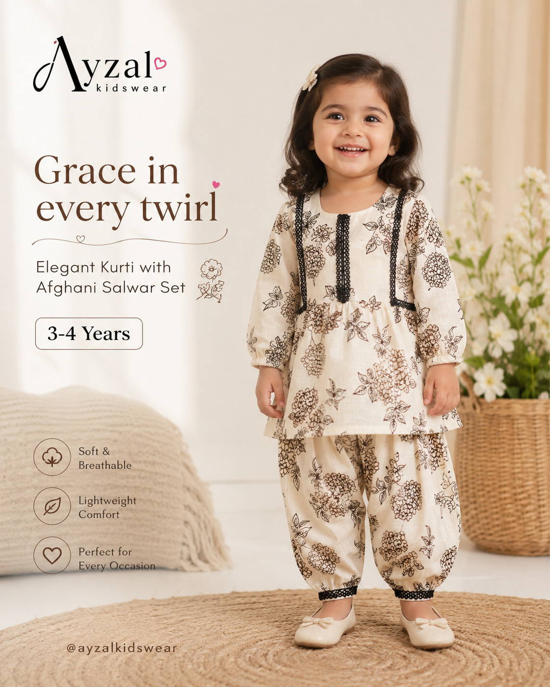 Girls floral cotton linen kurti with black lace detailing and matching afghani salwar set by Ayzal Kids Wea