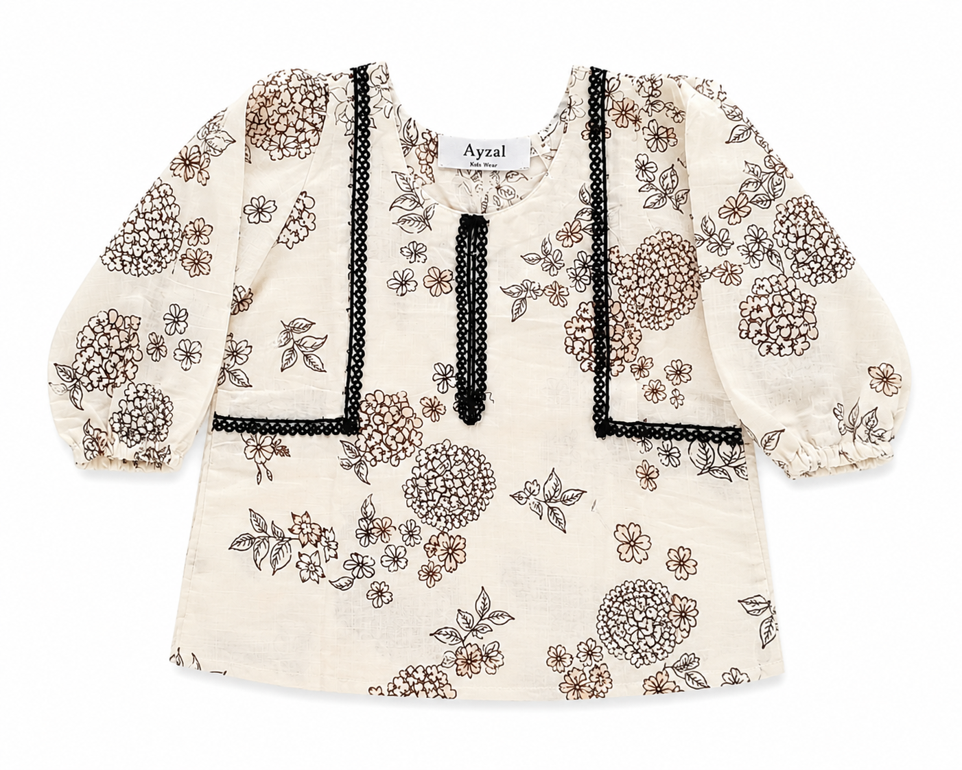 Ayzal Kids Wear Floral Cotton Linen Kurti & Afghani Salwar Set - Image 3