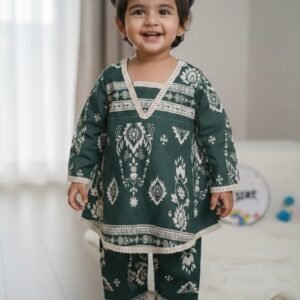 Dark green rayon ethnic printed pant for girls by Ayzal Kids Wear on white background