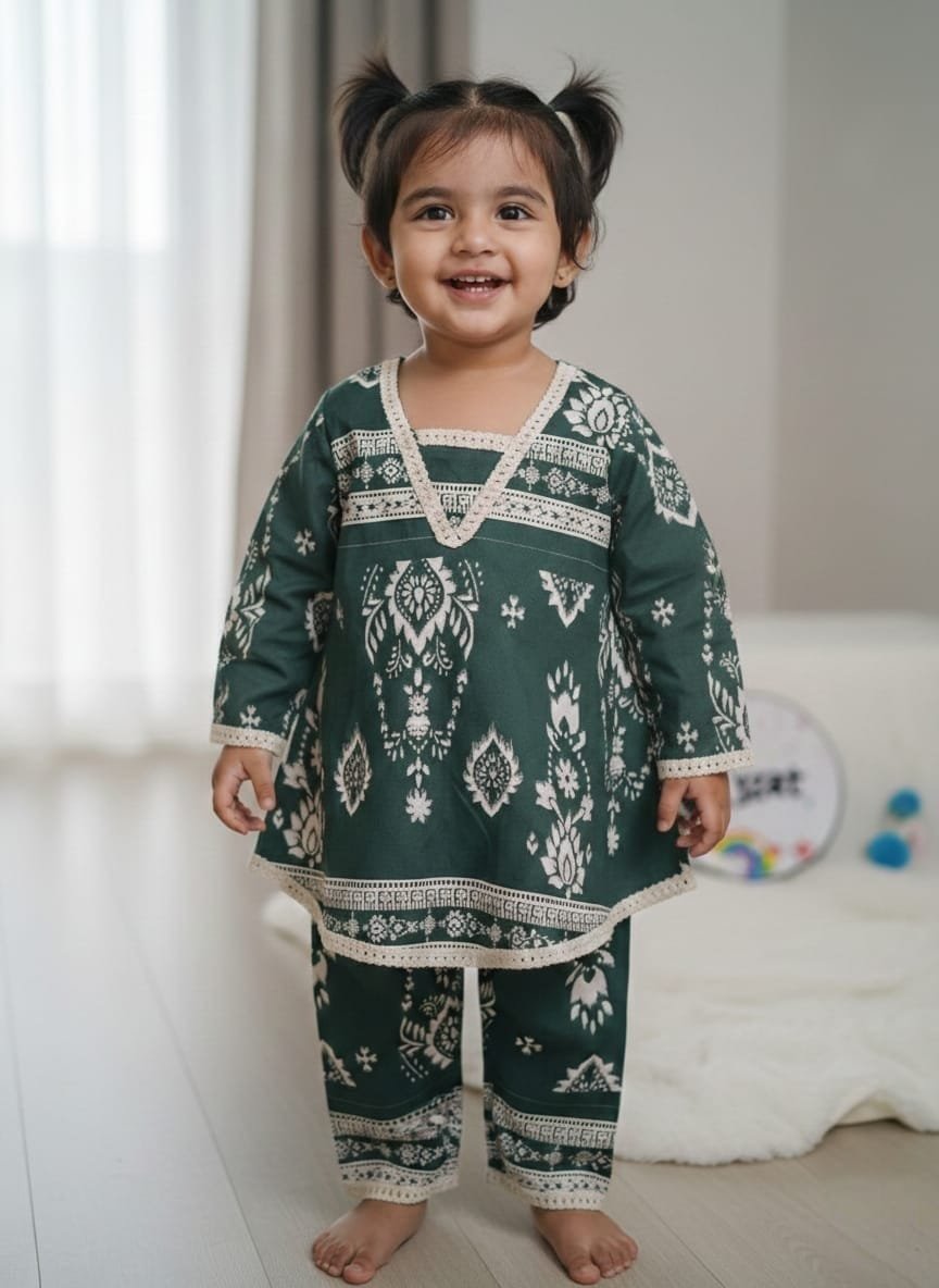 Dark green rayon ethnic printed pant for girls by Ayzal Kids Wear on white background