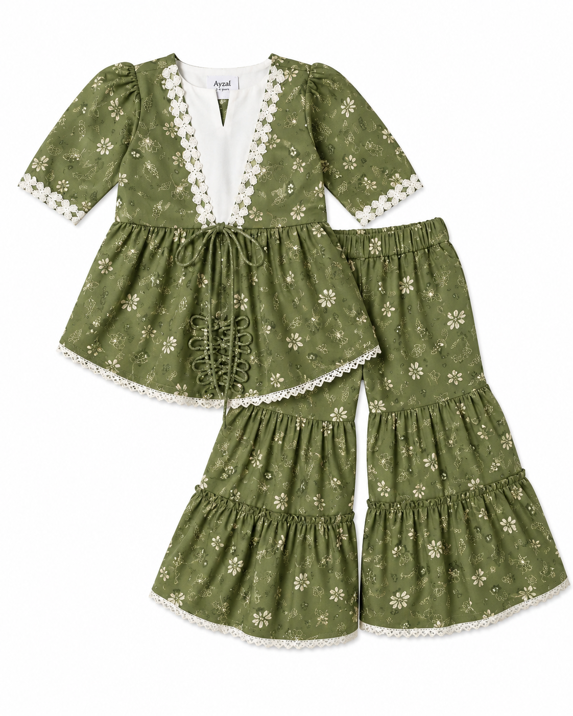 Ayzal Kids Wear Olive Green Peplum Top with Double Layered Garara Set - Image 2
