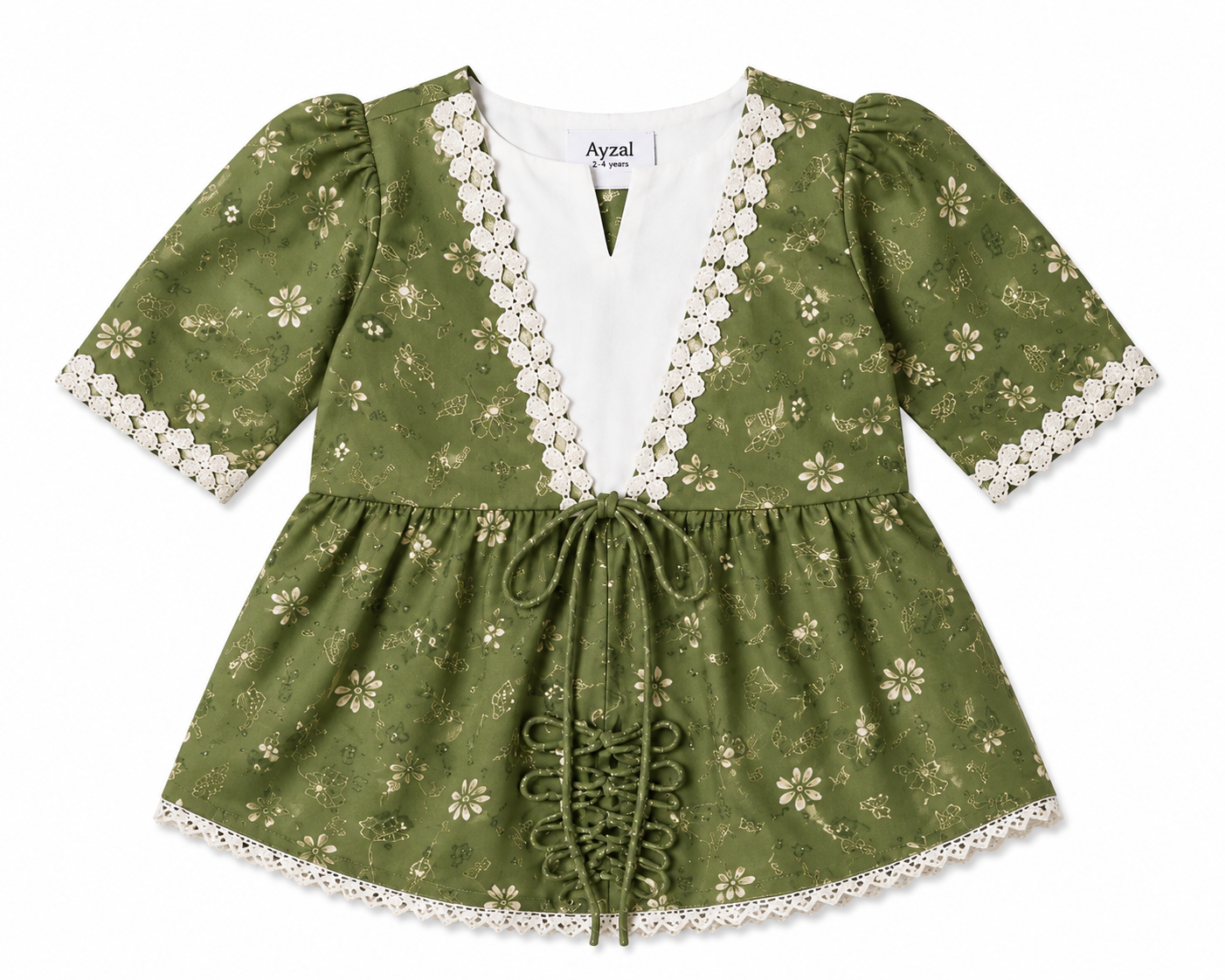 Ayzal Kids Wear Olive Green Peplum Top with Double Layered Garara Set - Image 3
