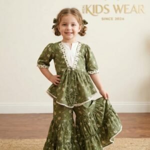 Girls olive green peplum top with double layered garara pants in wrinkled rayon fabric and lace detailing by Ayzal Kids Wear.