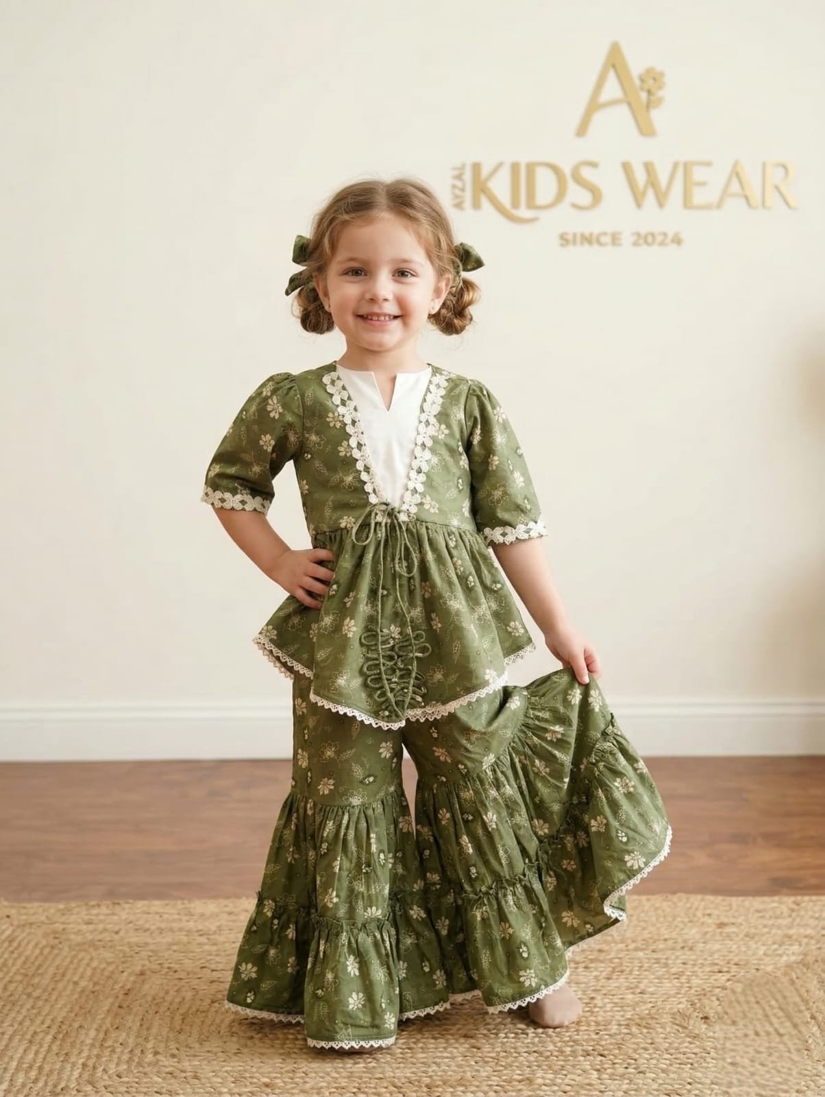 Girls olive green peplum top with double layered garara pants in wrinkled rayon fabric and lace detailing by Ayzal Kids Wear.