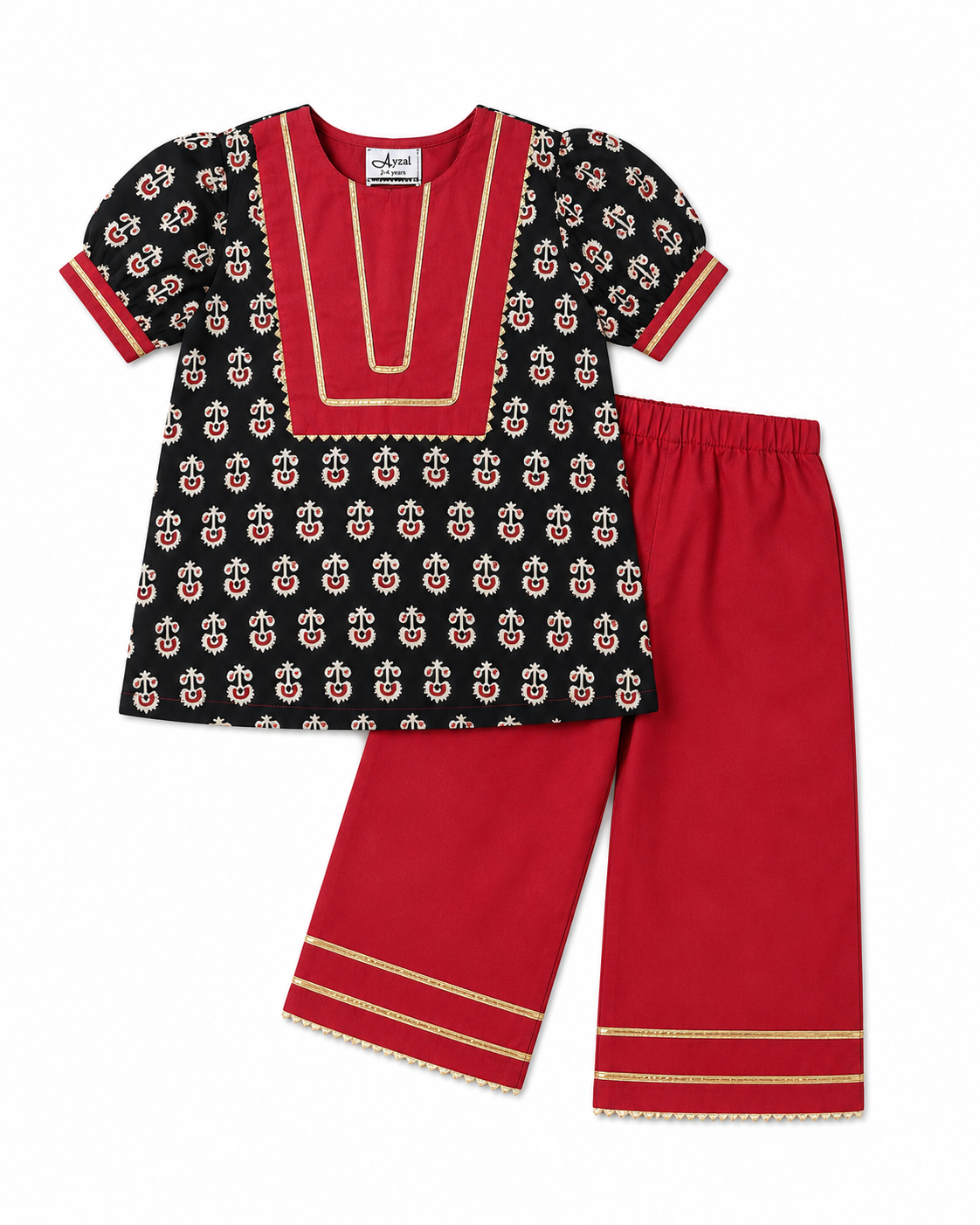 Ayzal Kids Wear Black & Red Ajrakh Print Cotton Co-Ord Set - Image 2