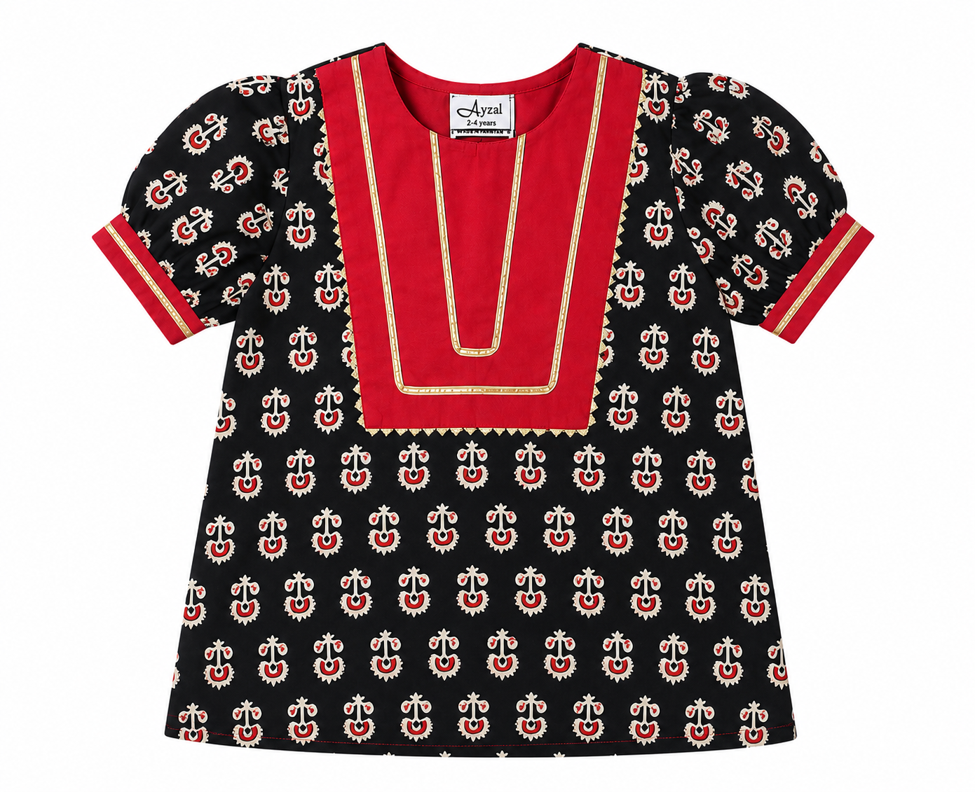 Ayzal Kids Wear Black & Red Ajrakh Print Cotton Co-Ord Set - Image 3