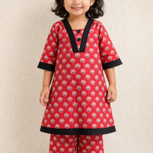 Red muslin girls kurti and pant set with black lace detailing and cotton lining