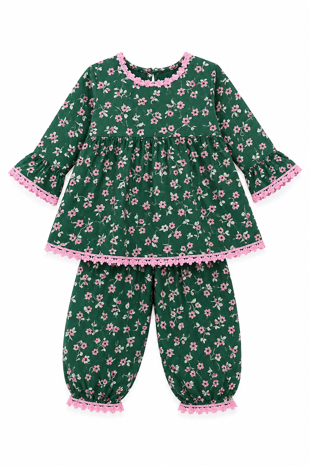 Ayzal Girls Green Floral Cotton Kurti & Dhoti Pant Set - Image 2