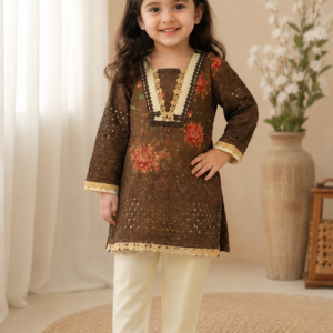 Brown Hakoba lace detailed girls kurti paired with cream cotton pants.