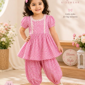 Girls pink chevron cotton peplum top with matching Afghani salwar set for kids