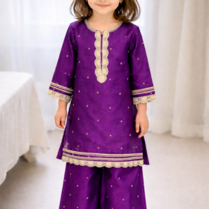 Little girl wearing a royal purple soft silk kurti with matching palazzo pants and elegant lace detailing.