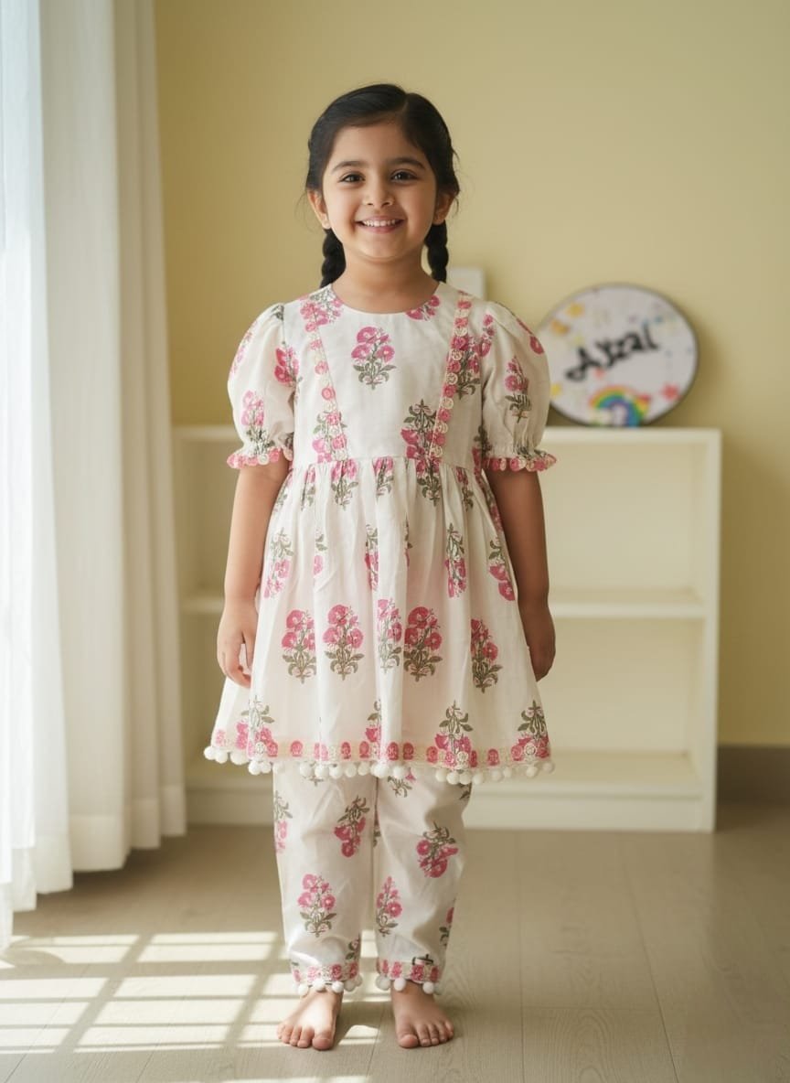 Cream floral cotton peplum top with puff sleeves and matching palazzo pants for baby girls by Ayzal Kids Wear.