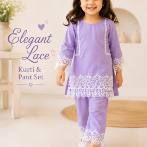 Little girl wearing a lavender cotton lace kurti and pant set with elegant white lace detailing.