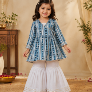 Blue striped mul cotton kurti with white sharara pants for girls by Ayzal Kids Wear