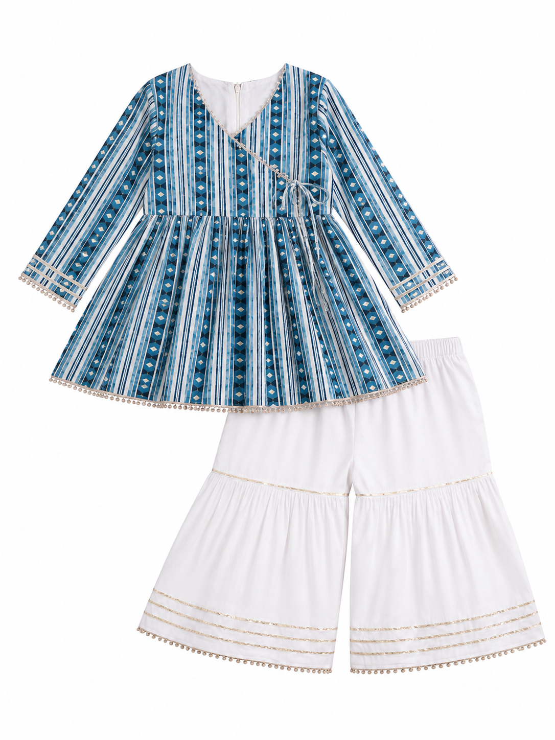 Ayzal Kids Wear Blue Stripe Mul Cotton Kurti & Sharara Set - Image 2