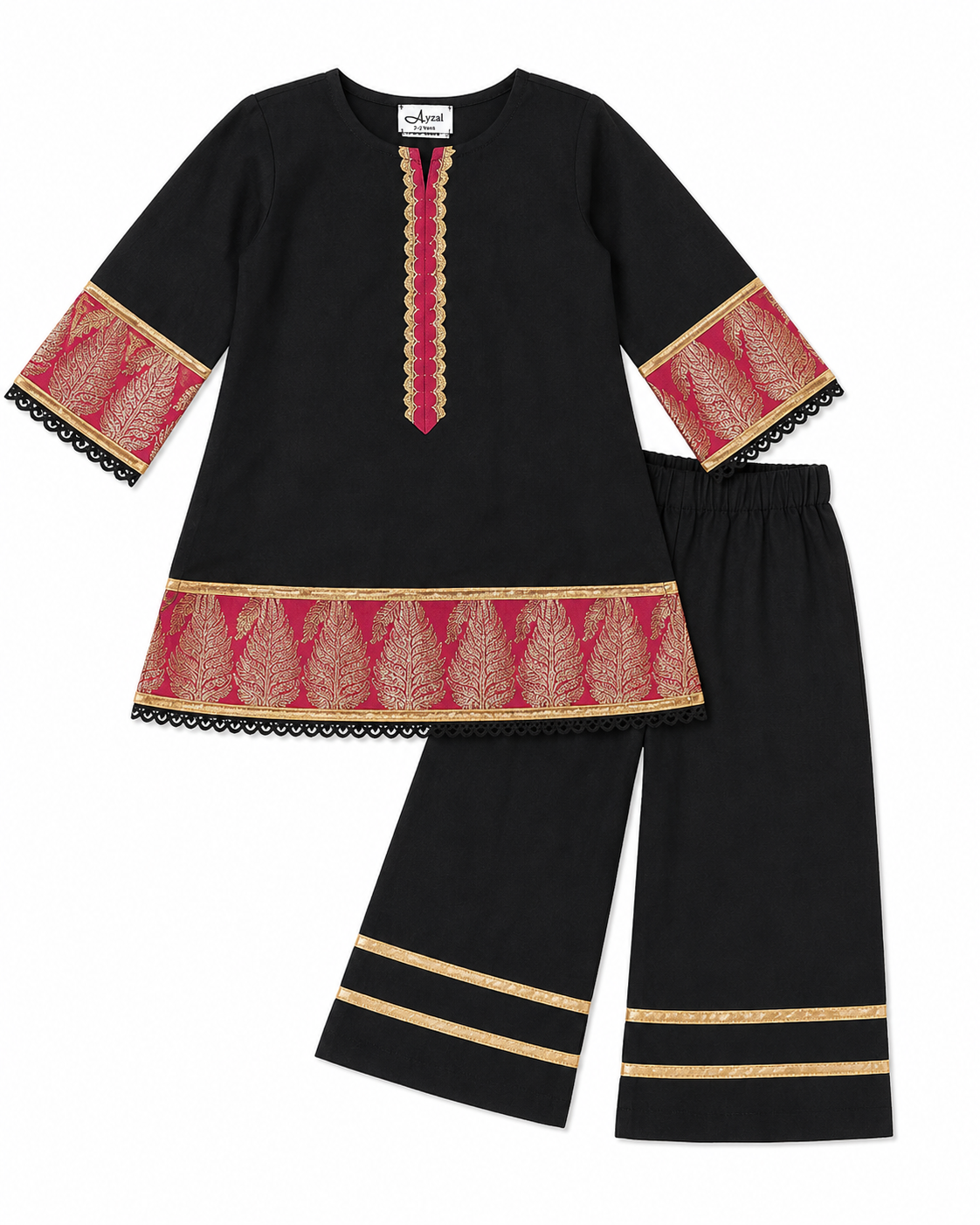 Ayzal Kids Wear Black Muslin Kurti Pant Set with Banarasi Border - Image 2