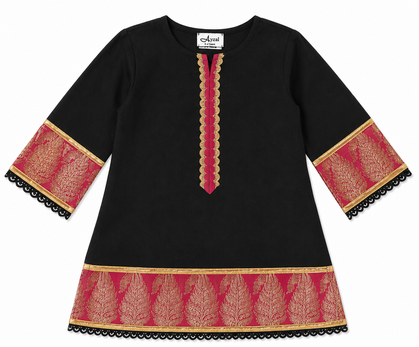 Ayzal Kids Wear Black Muslin Kurti Pant Set with Banarasi Border - Image 3