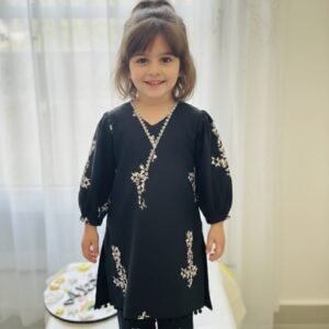 Black floral rayon kurti and pant set for girls with puff sleeves and lace detailing by AYZAL Kids Wear
