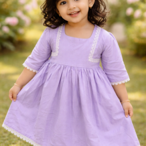 Lavender cotton frock for girls with white lace detailing and flared design