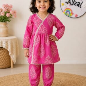 Pink printed cotton kurti and pant set for girls with lace detailing by Ayzal Kids Wear