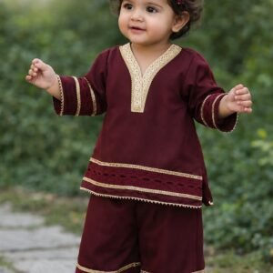 Royal maroon soft silk kurti with lace detailing and matching palazzo set for girls