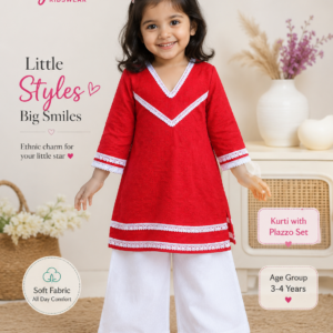 Red Hakoba cotton kurti with white lace detailing paired with plain white plazzo pants for girls.