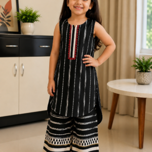 Black rayon sleeveless kurti and palazzo set for girls with white stripe prints and designer border detailing.