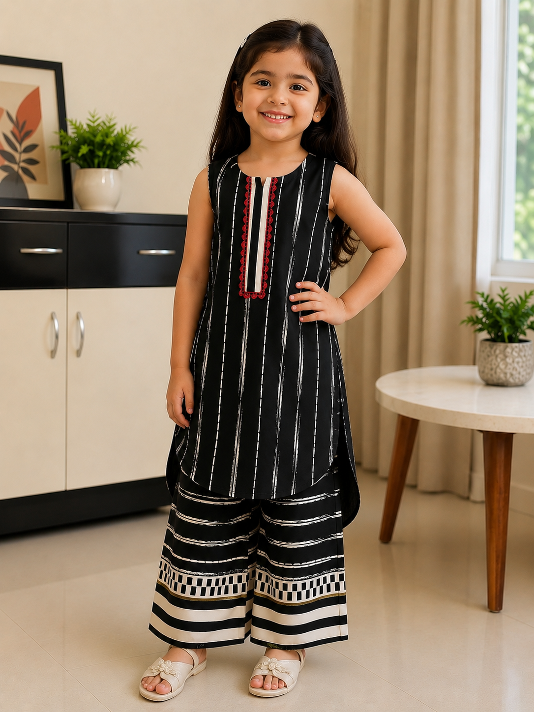 Black rayon sleeveless kurti and palazzo set for girls with white stripe prints and designer border detailing.