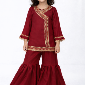 Maroon soft silk kurti with lace detailing and matching garara set for girls.