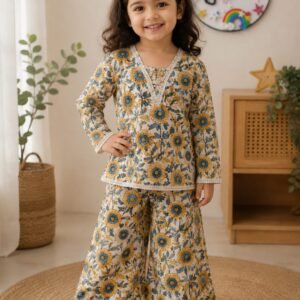 Girls floral cotton co-ord set with lace detailing and wide-leg pants by Ayzal Kids Wear.