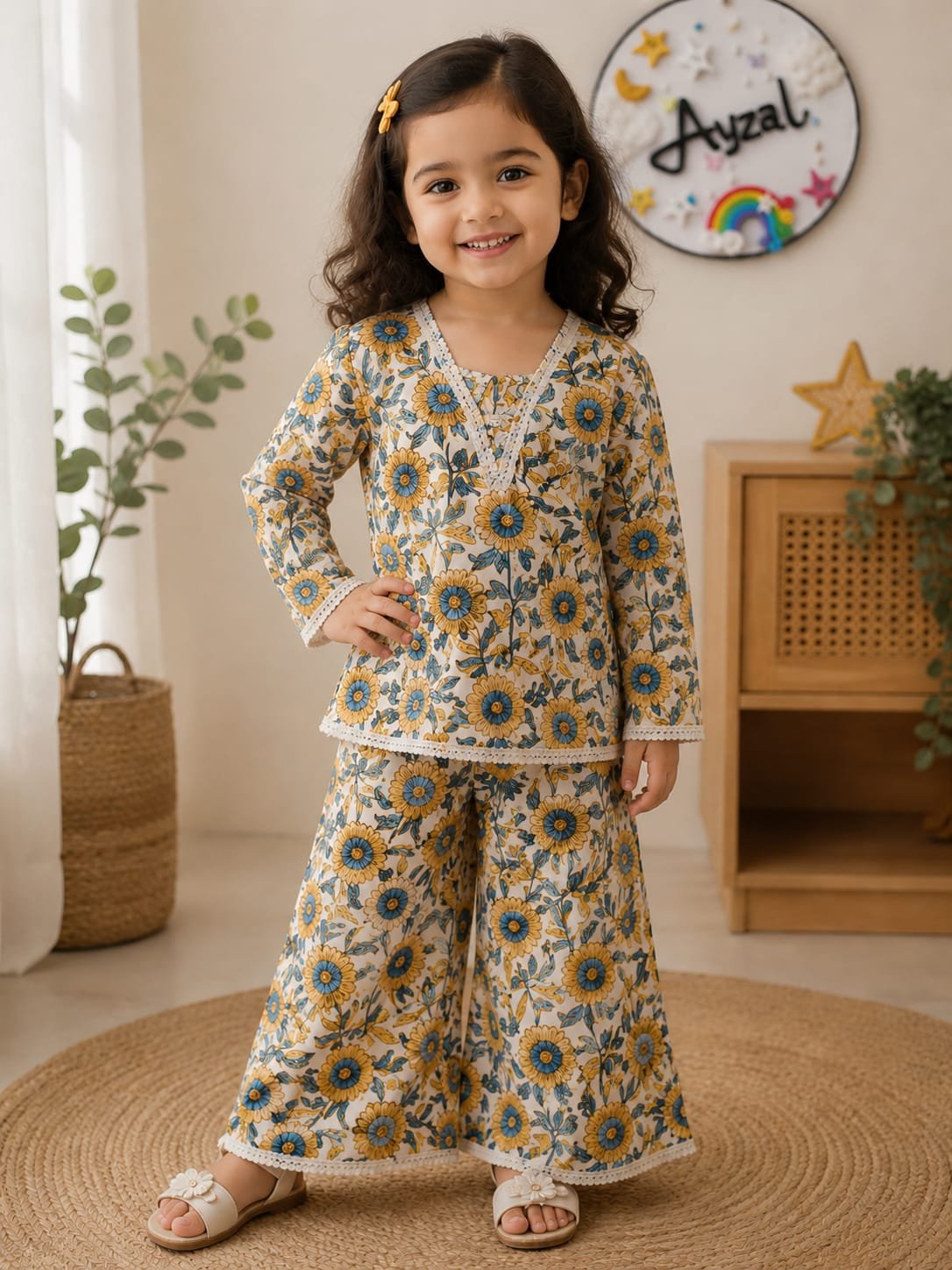 Girls floral cotton co-ord set with lace detailing and wide-leg pants by Ayzal Kids Wear.