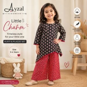 Little girl wearing black Ajrakh print cotton kurti with red plazzo pants by Ayzal Kidswear