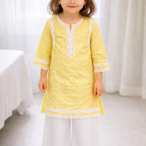 Girl wearing yellow Hakoba cotton embroidered kurti with plain white palazzo set for kids ethnic wear