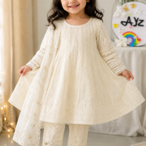 Ivory soft georgette girls kurti and pant set with all-over chicken kari embroidery by Ayzal Kids Wear