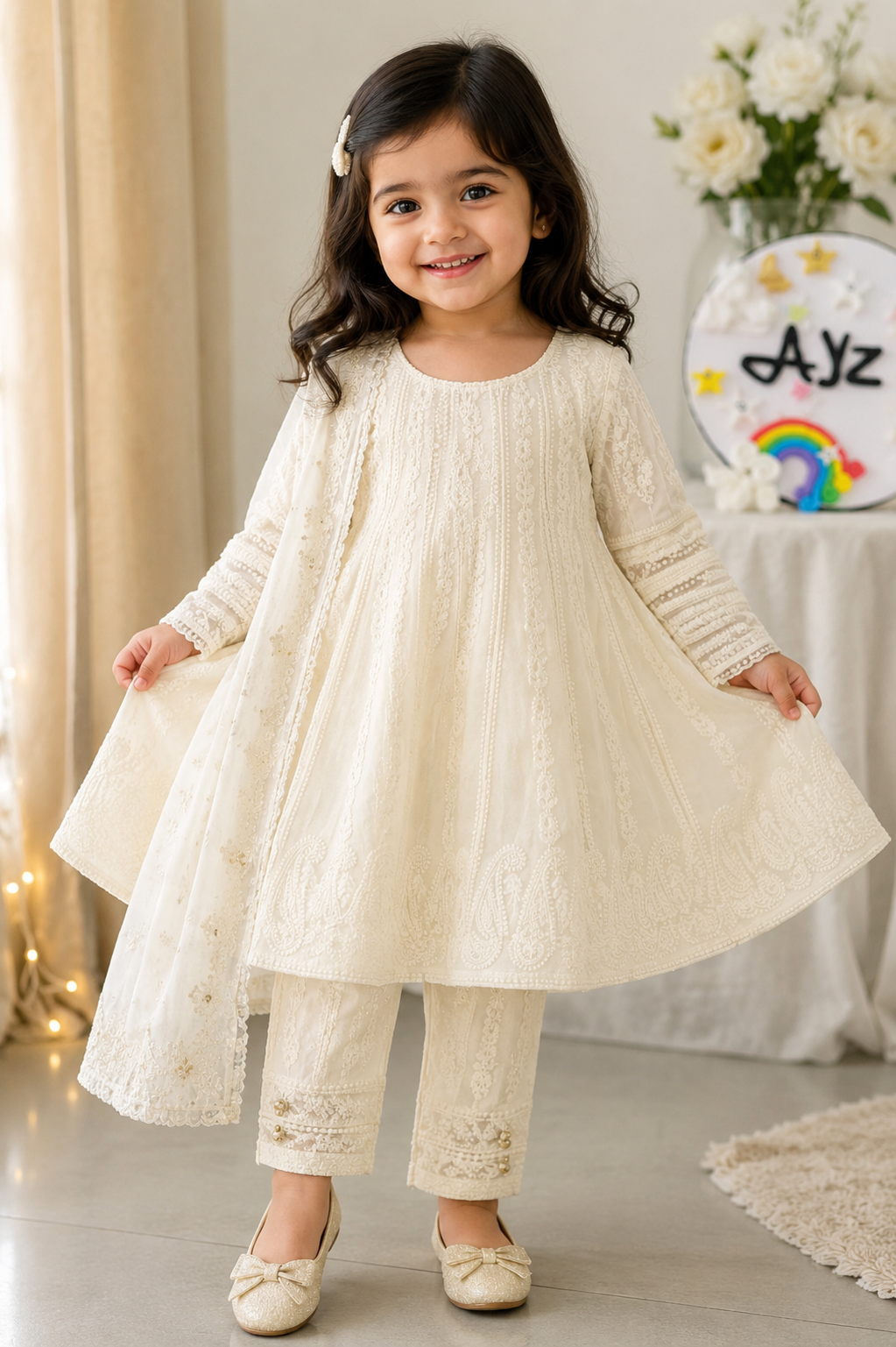 Ivory soft georgette girls kurti and pant set with all-over chicken kari embroidery by Ayzal Kids Wear