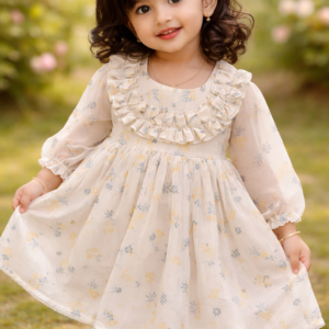 Cream floral georgette frock for girls with ruffle neckline and cotton lining
