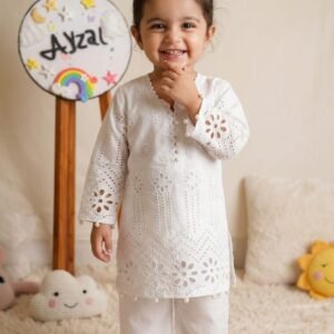 White Hakoba cotton kurti with pearl detailing and matching palazzo set for girls