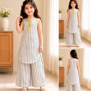 Girls striped rayon kurti palazzo set with yellow lace detailing