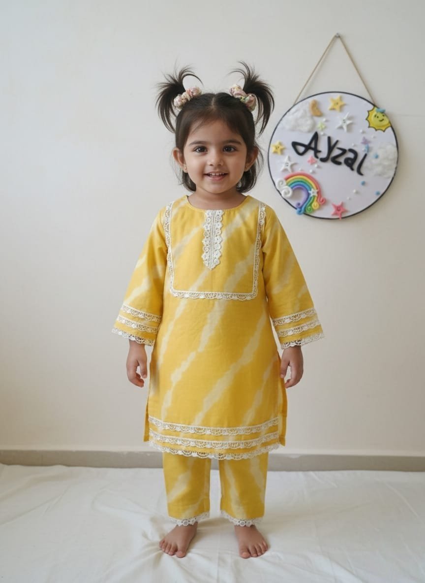 Girls yellow tie and dye mul cotton kurti pant set with lace detailing and cotton lining by Ayzal Kids Wear.
